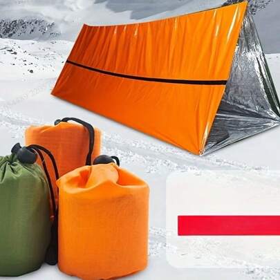[1 件便携式应急毯] 1 件应急第一毯，便携式户外生存睡袋帐篷，橙色和橄榄绿色，PE 一次性，防风，无需电力，轻质隔热，无羽毛