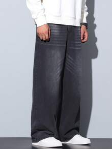 1件 Hearty Haven 休闲宽松复古水洗阔腿男士牛仔裤（不含腰带和配饰） - 淺灰色 - 查看 5