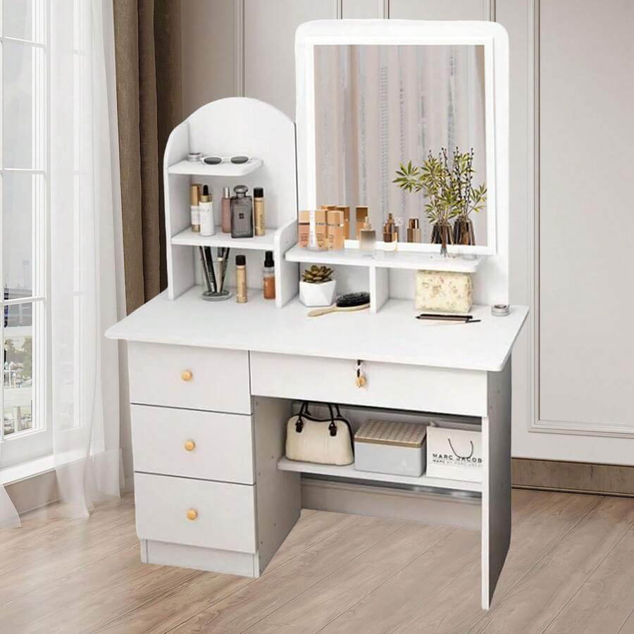 Tocador Con Espejo Cuadrado Iluminado Por Led Y 4 Cajones Con función de iluminación Tocador Maquillaje Espejo Led Cajones Espacioso Mueble Dormitorio - Tipo de Enchufe A USA (110-127V) - Ver 1