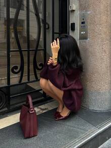 女士休闲宽松圆领套头毛衣，简约纯色复古风格，非常适合新年、圣诞节和情人节穿着。 - 紫色 - 查看 10