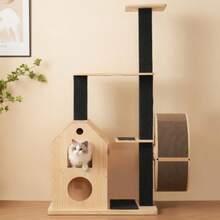 Solid Wood Cat Tree With Exercise Wheel – 80x40x152cm Scratching Post With 4 Platforms, 2 Cat Houses, Sisal Posts And Washable Mats, Cat Roller, Cat Exercise Wheel, Scratcher, Cat Climbing Frame - Wood Color - View 2