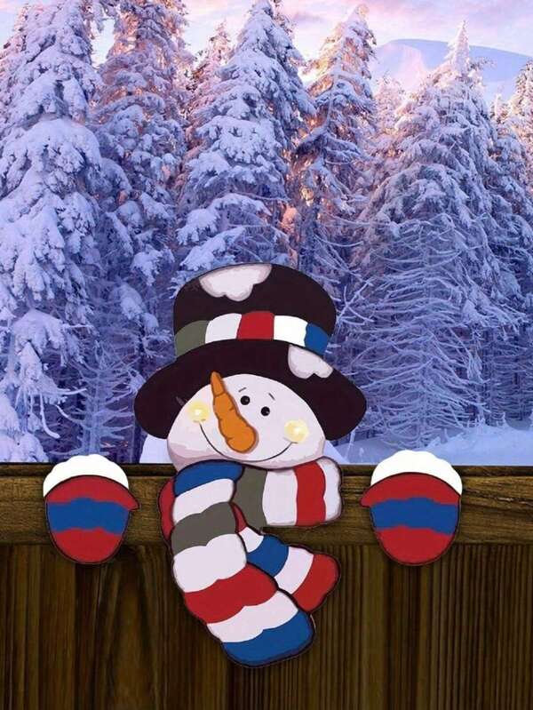 Decoración de valla de Navidad de madera - Muñeco de nieve para colgar en la pared, sin necesidad de electricidad, instalación adhesiva, decoración navideña independiente para exteriores, balcón, patio, decoración navideña para exteriores
