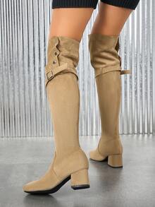 Botas altas delgadas de moda para mujer, nuevas botas de montar hasta la rodilla para otoño/invierno, botas altas versátiles de tacón grueso y alto, botas altas de tacón medio cuadrado y elásticas - Albaricoque - Ver 5