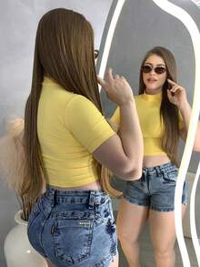 Women's High-Waisted Denim Shorts With Side Slit - Rửa nhẹ - Xem 1
