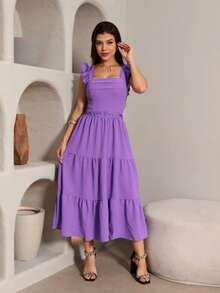Luxury Midi Dress, Duna Brand, Plain With Ruffled Sleeves And Lace At The Waist. - Màu Lilac Tím - Xem 2
