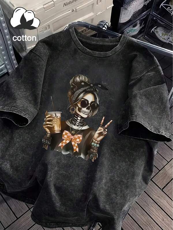 Plus Size Cotton Women's Summer T - Shirt - Skeleton Woman Sunglasses Drink Peace Gesture Bow PatternSPEED Line Texture Decoration Hoodie | Plus Size Women Clothes,Plus Size Tops,Tops Plus Size Women,Curvy Plus Size Clothes,Plus Tops,Plus Size T Shirts,Plus Size Maternity Clothes,Tshirts Women Plus Size,Retro Shirt