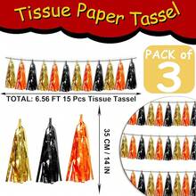 3P Metallic Fringe Tassel Banner Garland Foil Tinsel Streamer Wall Hanging Curtain Backdrop Banner For Parade Floats, Graduation Decorations, Father's Day Party Decoration(Silver)Halloween Christmas New Year - 黑金橙 - 查看 2