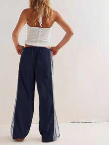 Women's Wide Leg Pants Drawstring High Rise Side Striped Slouchy Palazzo Pants With Pockets - 藏蓝色 - 查看 2