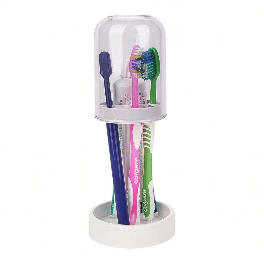 Toothbrush Holder With Drainage For Bathroom, 3 Slots Toothbrush Holder Stand With Tooth Brush Cup, Countertop Storage Organizer For Conventional Toothbrushes, Toothpaste (Clear Purple){Inchcolor_nameinch:InchPurpleinch} - Ungu - View 1