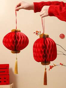 1 Đèn lồng giấy đỏ mừng năm mới của Trung Quốc, đèn lồng quả cầu tổ ong treo tường trang trí cửa - Đỏ - Xem 1