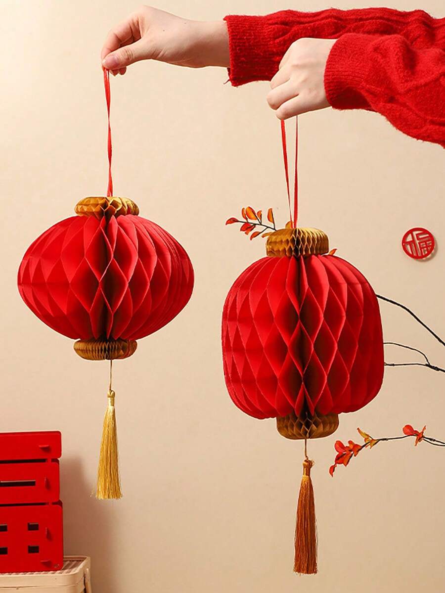 1 Đèn lồng giấy đỏ mừng năm mới của Trung Quốc, đèn lồng quả cầu tổ ong treo tường trang trí cửa - Đỏ - Xem 1