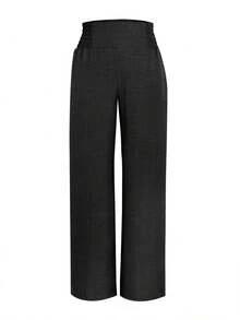 2025 New European & American Style Women's Spring/Summer Fashion Solid Color Elastic Waist Wide Leg Pants, Loose Comfortable Versatile Casual Trousers For Daily Wear - Black - View 5