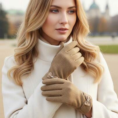 1 par de guantes casuales de unicolor con lazo, aptos para conducir, andar en bicicleta en invierno y con capacidad táctil para pantallas