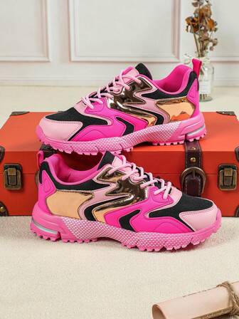 High-Fashion Black, Rose Gold Color-Block Mesh And Leather Low-Top Men's Sneakers, With Pink And White Speckled Soles, Stylish And Eye-Catching. Unisex Full-Size Casual And Sports Shoes, Suitable For Daily Outings, Parties, Work, New Year And Christmas Wearing, Or Gifting. Versatile With An Indie Retro European-American Style.