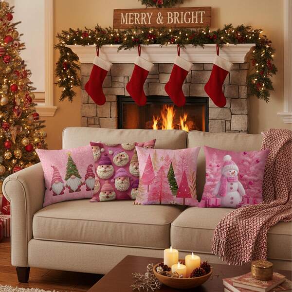 4pcs Christmas Plush Velvet Pillow Covers, 18" X 18" - Santa Claus, Reindeer, Christmas Tree Decorative Cushion Covers For Living Room, Bedroom, Sofa, Bed, Outdoor, Pillow Inserts Not Included