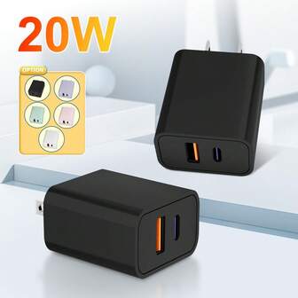 USB-C 墙充 20W，2 个装，双端口 PD 快充 Type-C 插头，兼容 11/12/13/14/15/16/17 Pro Max、XS/XR/X、平板电脑、Galaxy 等。