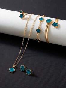 6pcs Vintage Gold Plated Carved 5-Petal Flower Pendant Necklace Bracelet Ring Earrings Jewelry Set For Women [Random Tassel - 綠色 - 查看 6