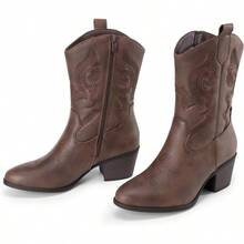 Cowboy Boots For Women Mid Calf Cowgirl Boots With Embroidery Round Toe Western Chunky Low Heel Shoes - Nâu+7 - Xem 3