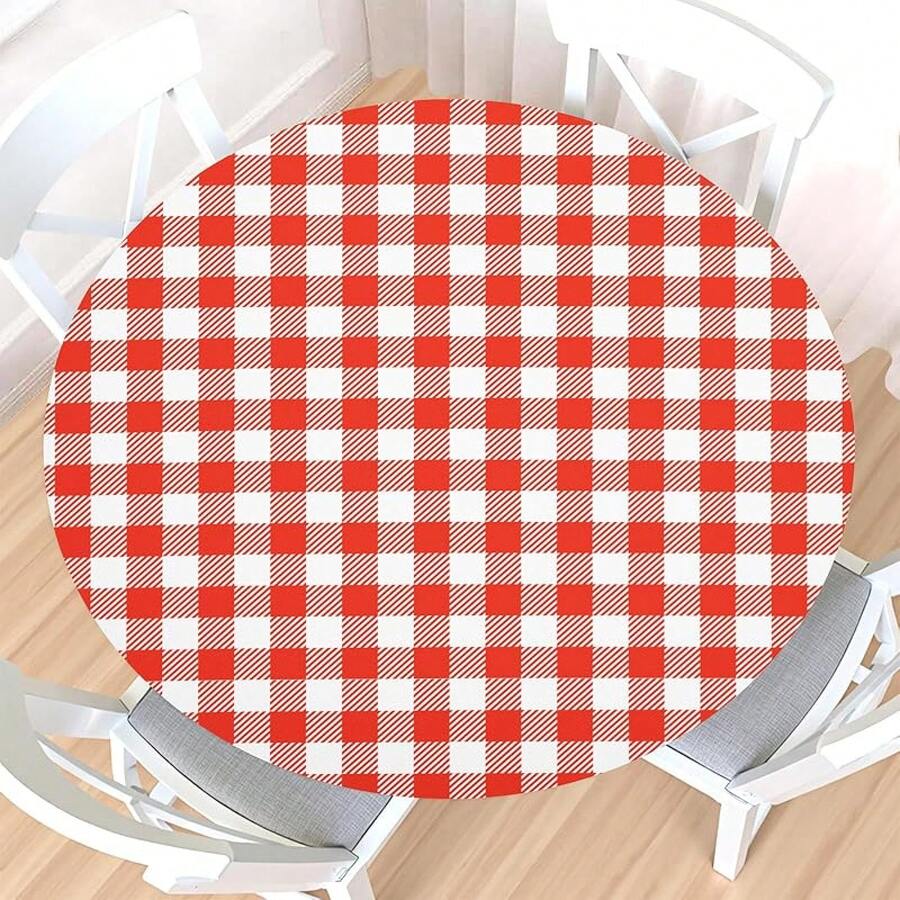 Water-Resistant Round Tablecloth With Elastic Edge For 40-44" Tables - Daily-checkered Red White - View 1
