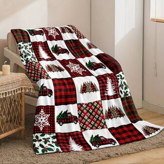 1pc Digital Print Red Buffalo Plaid Christmas Truck Blanket, Super Soft & Cozy Flannel Throw Blanket, Suitable For Sofa, Bed, Camping Travel, Best Christmas Gift, All Season Use