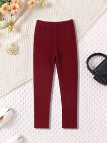 Girls' Cable Knit Leggings, Elastic Pants, Versatile Autumn/Winter Long Pants, Girls' New Solid Color Cable Knit 3/4 Leggings - Burgundy - View 3