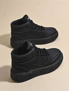 女士休闲运动鞋,新款高帮滑板鞋,厚底平底圆头套脚滑板鞋,白色透气除臭个性街头风摩托车靴,户外旅行度假真皮摩托车靴 - 黑色 - 查看 18