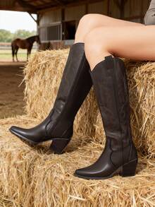Knee High Boots Women, Pull On Zipper Chunky Heel Pointed Toe Embroidered Western Cowgirl Cowboy Boots Christmas Fall - 棕色 - 查看 1