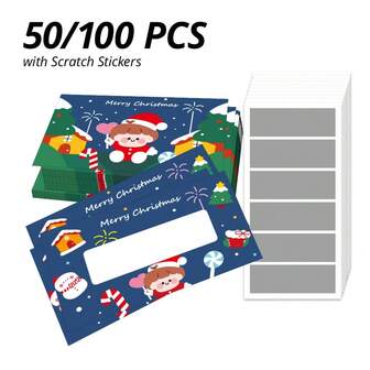 50/100pcs Christmas Greeting Cards, Cute Christmas Gift Cards, Blank Scratch Cards, Adorable Christmas Party Supplies, Blank Gift Cards, Kawaii Christmas Scratch Cards, Cute Holiday Supplies, 9x5.4cm/3.5x2.1in, Suitable For Christmas Gifts, Family Gatherings, Home Rewards, Gift Wrapping, Etc.