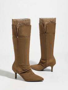 Fall/Winter Vintage Distressed Suede Pointed Toe Lace Patchwork Thigh High Fashion Boots For Women, New Autumn Pleated Versatile Riding Boots,Kitten Heels - Brown - View 5