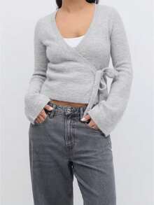 Women Tie Front Wrap Cardigan Ballet Wrap Sweater Solid V Neck Long Sleeve Crop Knit Sweater Casual Fall Clothes - Xám - Xem 1