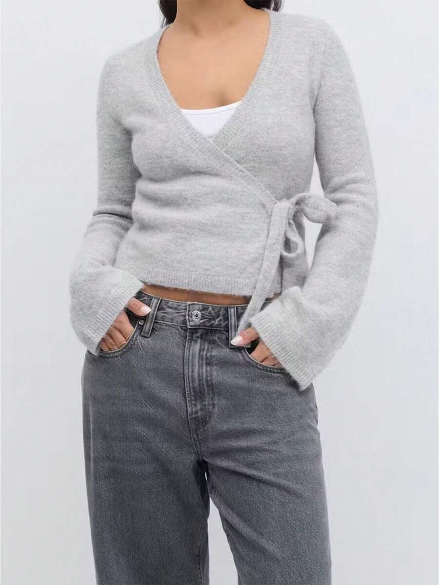 Women Tie Front Wrap Cardigan Ballet Wrap Sweater Solid V Neck Long Sleeve Crop Knit Sweater Casual Fall Clothes - Xám - Xem 1
