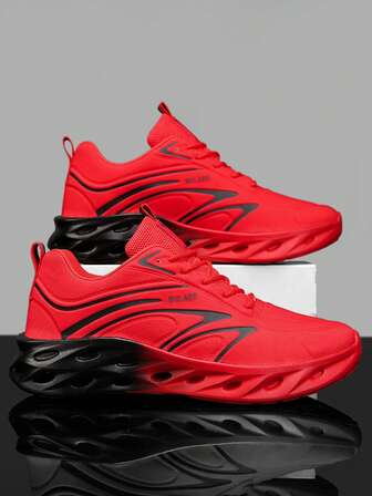 红色透气网面休闲鞋，减震外底，男士时尚运动鞋，字母刺绣，适合跑步、健身、日常穿着及圣诞节穿搭。