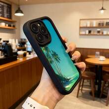 Cubierta de teléfono con borde negro y diseño tropical azul con palmeras y playa para uso diario en cafeterías y viajes Aplicable a los teléfonos de la serie Apple y Galaxy - Café integral - Ver 6