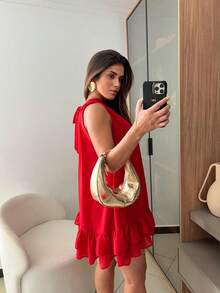 Sleeveless Short Chiffon Dress With High Neck, Ruffled Hem, And Lining - Elegant, Luxurious Party Dress - Red - View 2