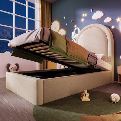 Upholstered Children's Bed, Single Bed With Cosmic Pattern, 90 X 200 Cm, Beige, PU For Boys And Girls (Without Mattress)