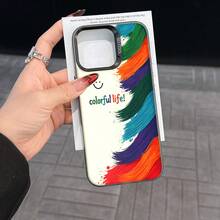 Colorful Silver Apple Phone CaseColorful Life With A  FaceCompatible With  11 To  17 Models The Cases Lens Protection Function Ensures The Camera Remains Undamaged During Shooting  Guaranteeing Image Quality - Black - View 7