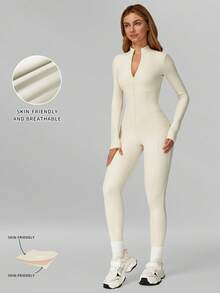 MFVIM 杏色修身保暖连体衣，舒适休闲性感，适合户外通勤、瑜伽、健身、跑步和运动，秋冬季百搭连体衣。 - 杏色 - 查看 5