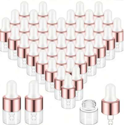 Set de 50/30/10/5 piezas de botellas cuentagotas de vidrio en color oro rosa, botellas transparentes rellenables para aceites esenciales con cuentagotas, tamaño de viaje, botellas para tinturas con tapas, adecuadas para cosméticos DIY, perfumes, muestras líquidas, viajes, decoración del hogar, bodas, fiestas, cumpleaños, regalos para hombres, padres, amigos, Año Nuevo, accesorios, regalos divertidos, artículos esenciales de viaje