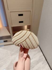 月光之夜手拿包 - 优雅仿珍珠盒式手拿包，浪漫婚礼派对手提包，饰以奢华水晶，适合正式新娘活动、婚礼手拿包 - 米色 - 查看 1