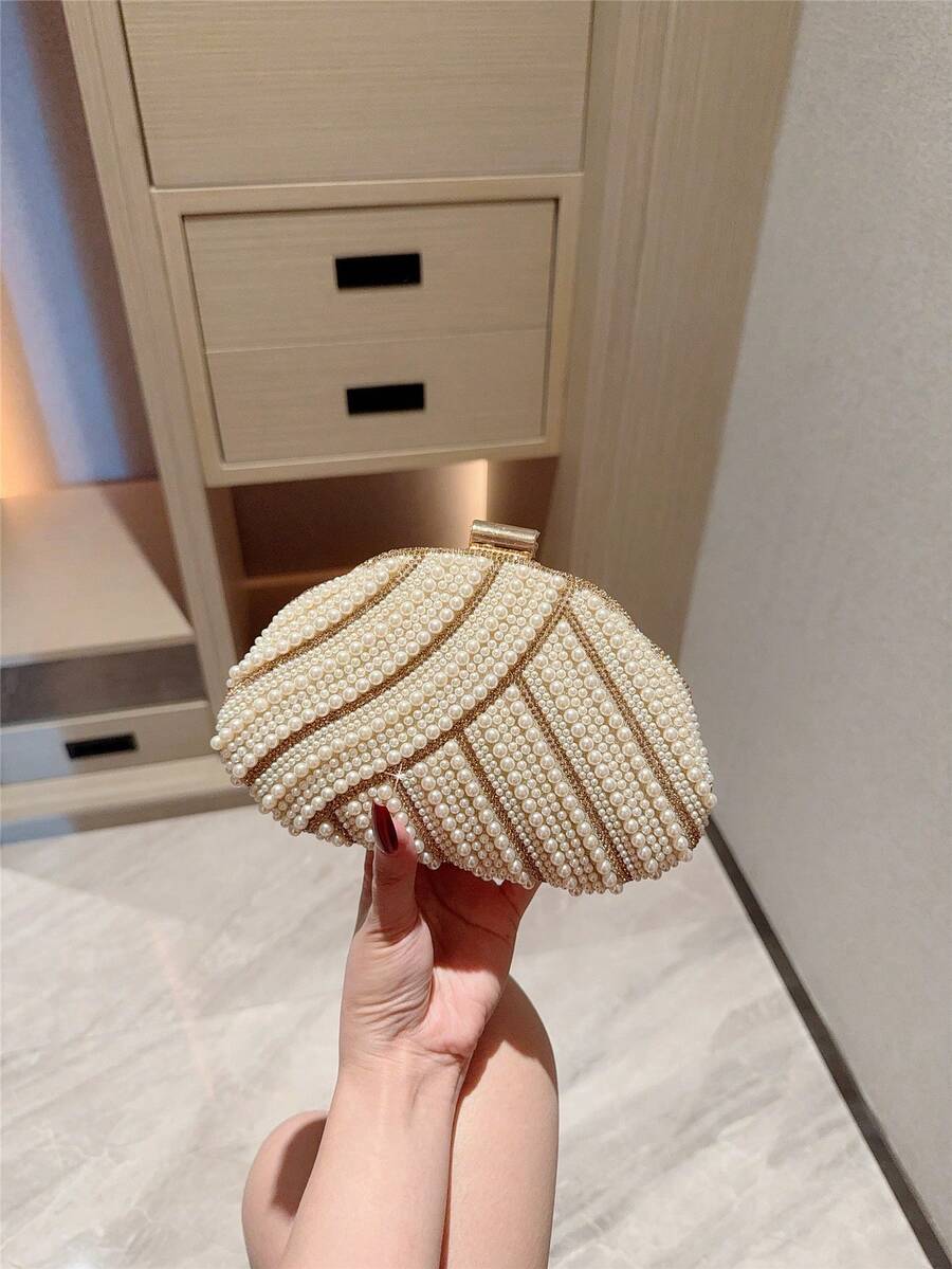 月光之夜手拿包 - 优雅仿珍珠盒式手拿包，浪漫婚礼派对手提包，饰以奢华水晶，适合正式新娘活动、婚礼手拿包 - 米色 - 查看 1