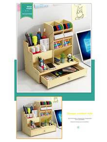 1pc Multi-Compartment Wooden Desktop Organizer Rack, Light Brown Rustic Style, Layered Compartments & Drawers, Holds Office/Home Supplies, Keeps Desk Tidy