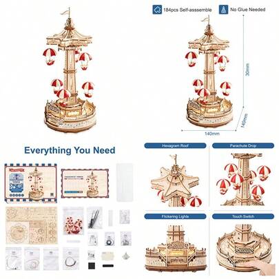 ml ROBOTIME Rompecabezas 3D para adultos - Kits de modelo para adultos - Caja de música única DIY - Torre de paracaídas EA0110101