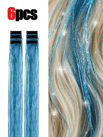 6pcs 19.68 Inch Shiny Foil Hair Clips, Heat Resistant Glitter Foil Hair Clips, Shiny Sequin Fairy Hair Accessories, Kids Hair Accessories Set (Sky Blue), Hair Slide, Hair Barrettes