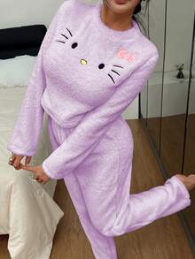 Sanrio 联名款女士舒适双面绒刺绣短款上衣和休闲家居裤两件套 - 紫色 - 查看 5