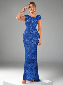 CHOSMO 新款亮片婚纱，修身高腰正式礼服，优雅露背开衩长裙，春季派对礼服 - 寶藍色 - 查看 5