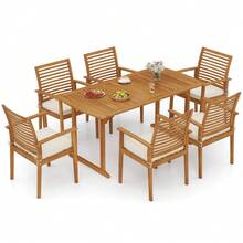 7-Piece Patio Dining Set Outdoor Acacia Wood Table & 6 Armchairs W/Umbrella Hole - mặc định - Xem 12
