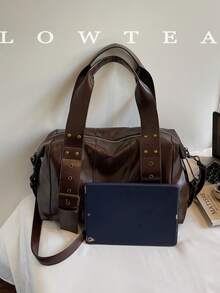 1pc Low Tea Solid Color PU Leather Shoulder Bag, Women's Retro Fashion Large Capacity Pillow Bag, Top Double Handle Design, Zipper Closure, Adjustable Shoulder Strap For One Shoulder Or Crossbody Use, Suitable For Travel, Shopping, Dating, Women's Gift, Great For Commuting, Outdoor, Travel, Hiking