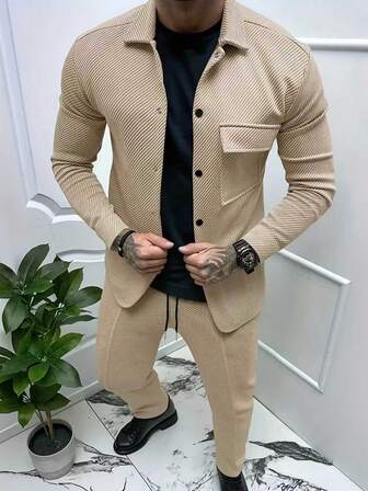 2025 Men's 2 Pieces Set, All/Global/Universal Fit, Suitable For Christmas, Halloween, Thanksgiving, Valentine's Day, Pride Month (US), Teacher's Day, Father's Day, Carnival, Easter, Ramadan, New Year, April Fool's Day, Independence Day, Labor Day, Eid Al-Fitr, St. Patrick's Day, Nurses Day, Chinese New Year, Casual, Sports, Retro, Business, Fashion, Outgoing, Dating, Jacquard Long Sleeve Top And Pants Suit