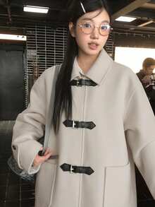 黑色 Polo 领羊毛混纺大衣，高品质女士外套，适合秋冬季穿着 - 燕麥色 - 查看 3