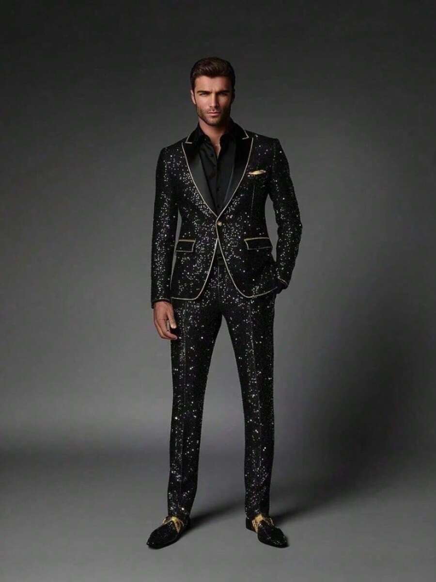 Stage Glam Contrasting Sequins Suit Unisex Shattered Star Effect Single-Button Slim-Fit Formal Blazer - màu đen - Xem 1